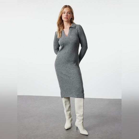 Staple The Label Ribbed Knit Gray Polo Sweater Dress Long V-Neck Size XL Office - Picture 8 of 10